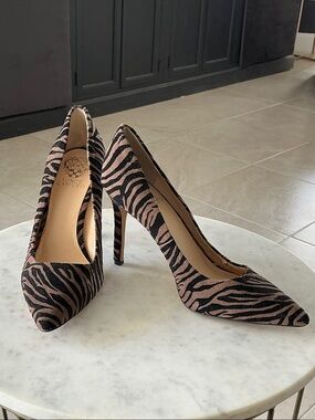 Vince Camuto Pink and Black Zebra-Print Pointed Toe Pumps
